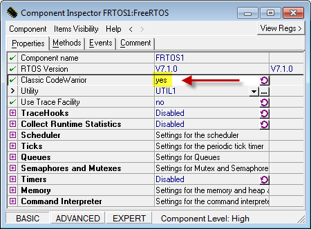 RTOS adapter settings for classic CodeWarrior
